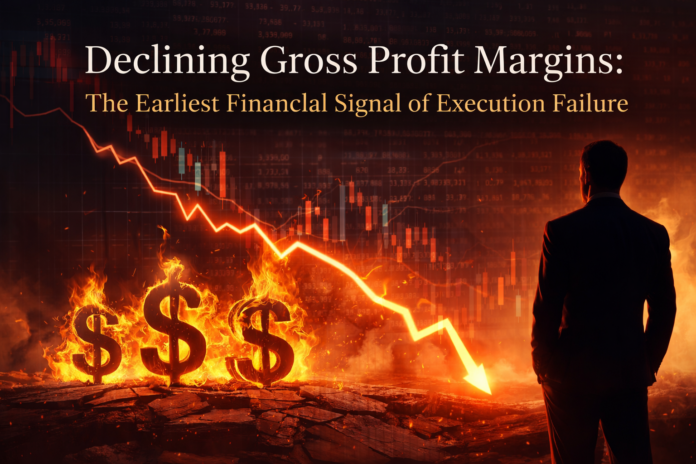 Declining gross profit margins illustrated by a falling financial chart and burning dollar symbols, representing execution failure and early financial distress.