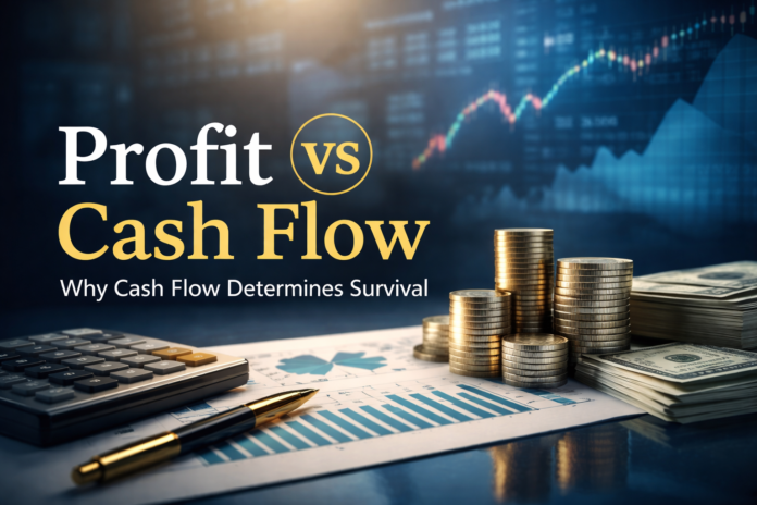 Profit vs cash flow comparison showing cash flow determines business survival and financial resilience