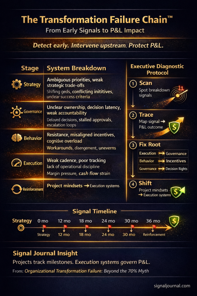 Infographic of the Transformation Failure Chain showing how breakdowns from strategy to governance, behavior, execution, and reinforcement create early signals and lead to downstream P&L impact.