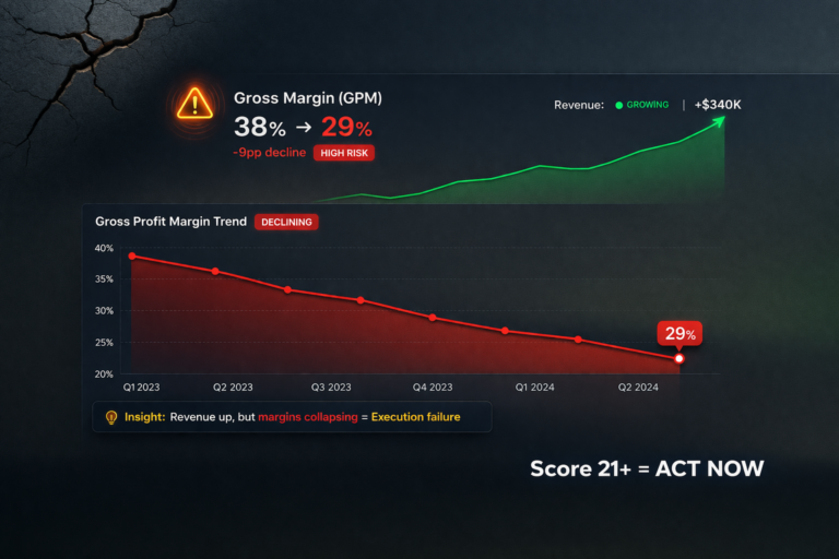 Financial dashboard showing declining gross profit margins with red downward trend, rising revenue line, and warning indicator highlighting execution risk.