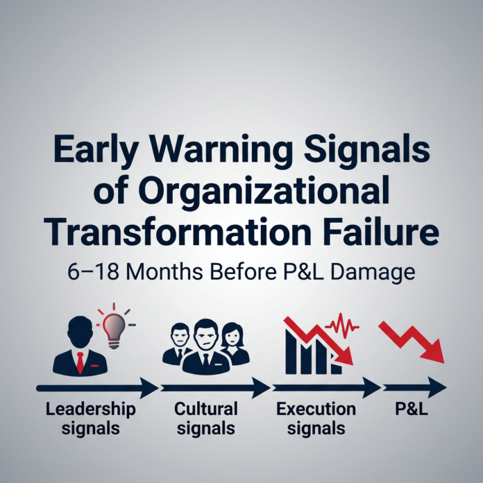 Infographic timeline of leadership, cultural, and execution signals predicting organizational transformation failure 6–18 months before P&L damage.