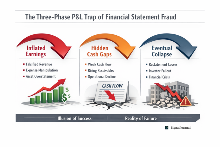 Diagram showing financial statement fraud consequences through a three-phase P&L trap: inflated earnings, hidden cash gaps, and eventual financial decline.