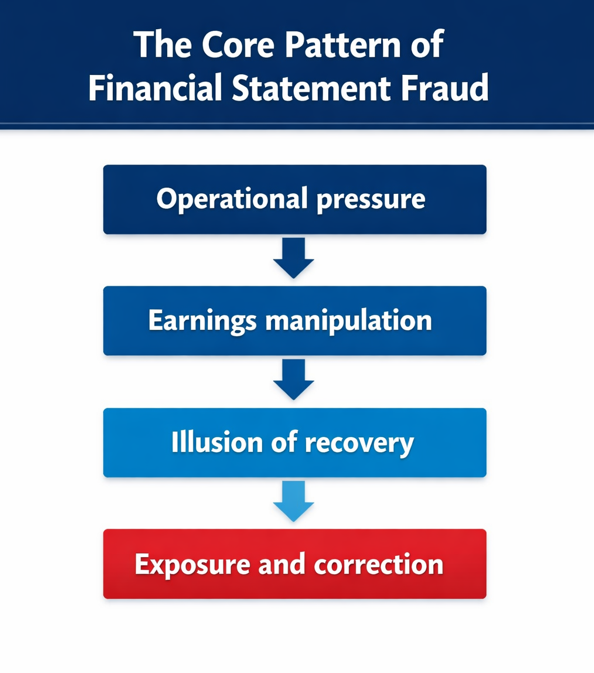 Diagram showing the core pattern of financial statement fraud: operational pressure, earnings manipulation, illusion of recovery, and exposure and correction.