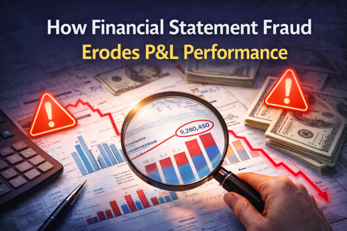 Financial statement fraud impact on business P&L performance illustrated with declining financial charts and warning signals.