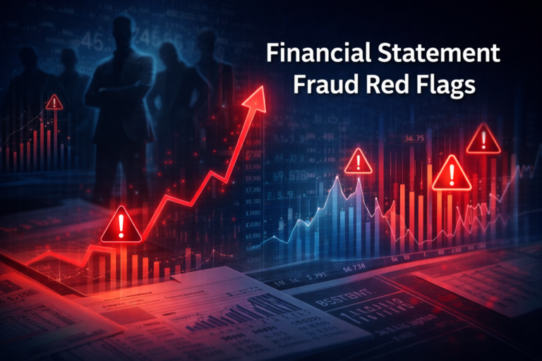 Conceptual illustration showing clusters of financial statement fraud red flags emerging from financial anomalies, governance weaknesses, and behavioral signals.