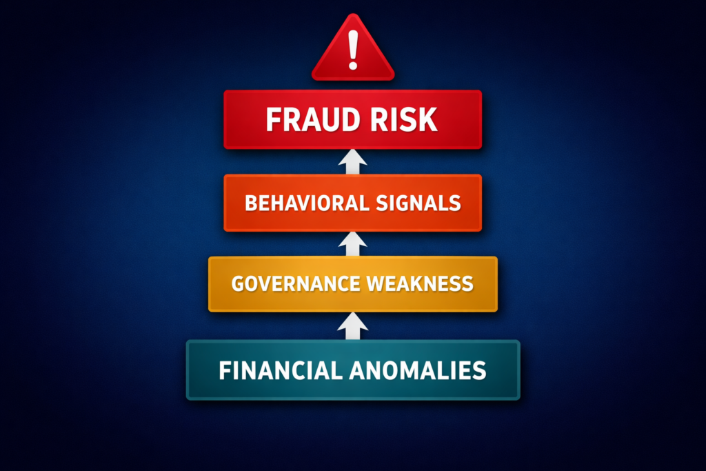 Framework showing how financial statement fraud red flags emerge through clusters of financial anomalies, governance weaknesses, and behavioral signals leading to fraud risk.
