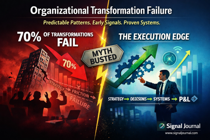 Infographic showing 70% organizational transformation failure vs 30% success through execution systems, culture alignment, and early warning signals from Signal Journal.