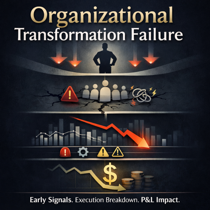 Visual showing organizational transformation failure as a layered system breakdown from leadership and culture to execution instability and financial decline.