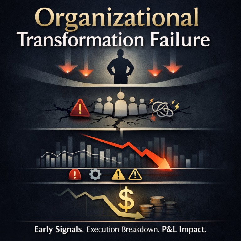 Visual showing organizational transformation failure as a layered system breakdown from leadership and culture to execution instability and financial decline.