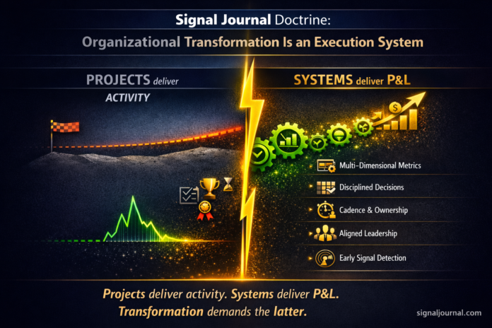 Infographic showing project-based transformation versus execution systems, highlighting that systems deliver sustained P&L performance through governance, decisions, and alignment.