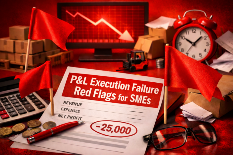 P&L execution red flags dashboard for SMEs showing financial drift, operational breakdowns, governance erosion clusters with 5-step weekly checklist