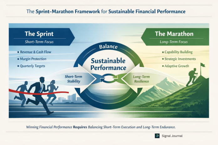 Sprint–Marathon execution model illustrating balance between short-term financial sprints and long-term strategic marathon capabilities for financial performance.