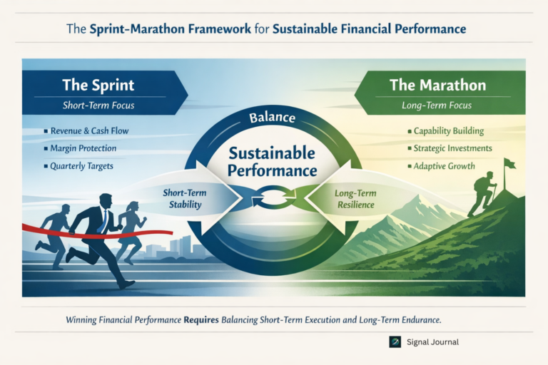 Sprint–Marathon execution model illustrating balance between short-term financial sprints and long-term strategic marathon capabilities for financial performance.