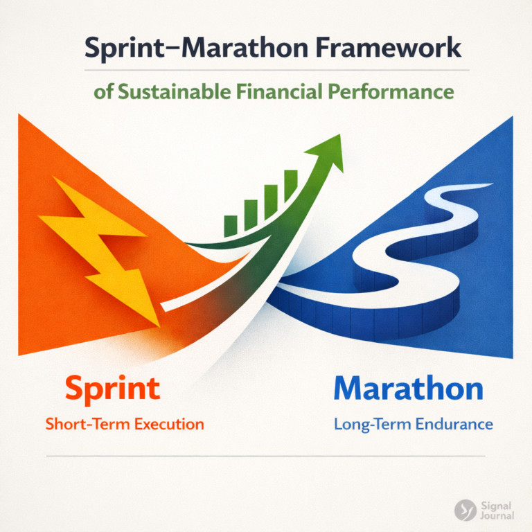 Illustration of the Sprint–Marathon Framework of Sustainable Financial Performance showing short-term execution (sprint) and long-term endurance (marathon) driving sustained financial results.
