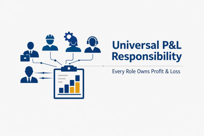 Minimalist infographic showing interconnected roles feeding into a central P&L, illustrating universal P&L responsibility across an organization.