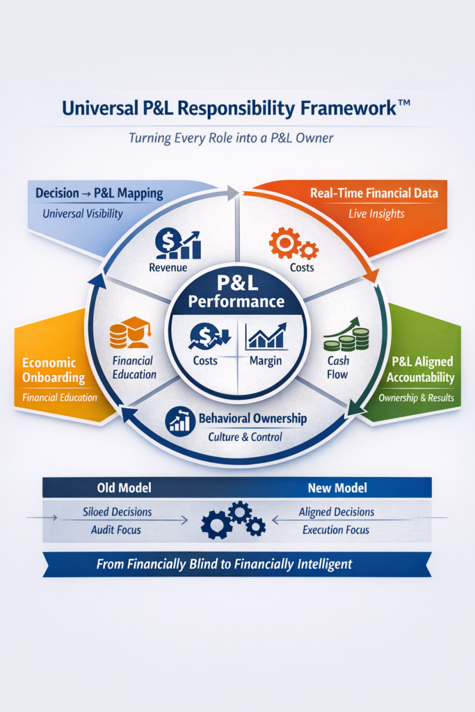 Conceptual diagram of the Universal P&L Responsibility Framework showing decision mapping, real-time visibility, onboarding, accountability, and ownership linked to P&L performance.