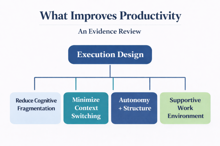 Infographic summarizing productivity improvements: reducing cognitive fragmentation, context switching, and execution friction boosts outputs 20-25% in knowledge work.
