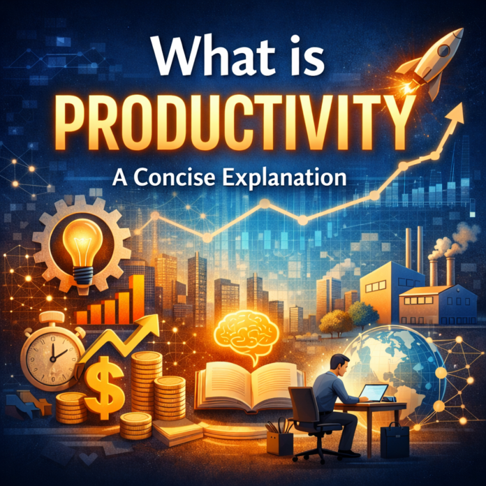 Illustration showing productivity concepts including growth charts, gears, innovation symbols, and a professional working with technology representing productivity, efficiency, and business performance.