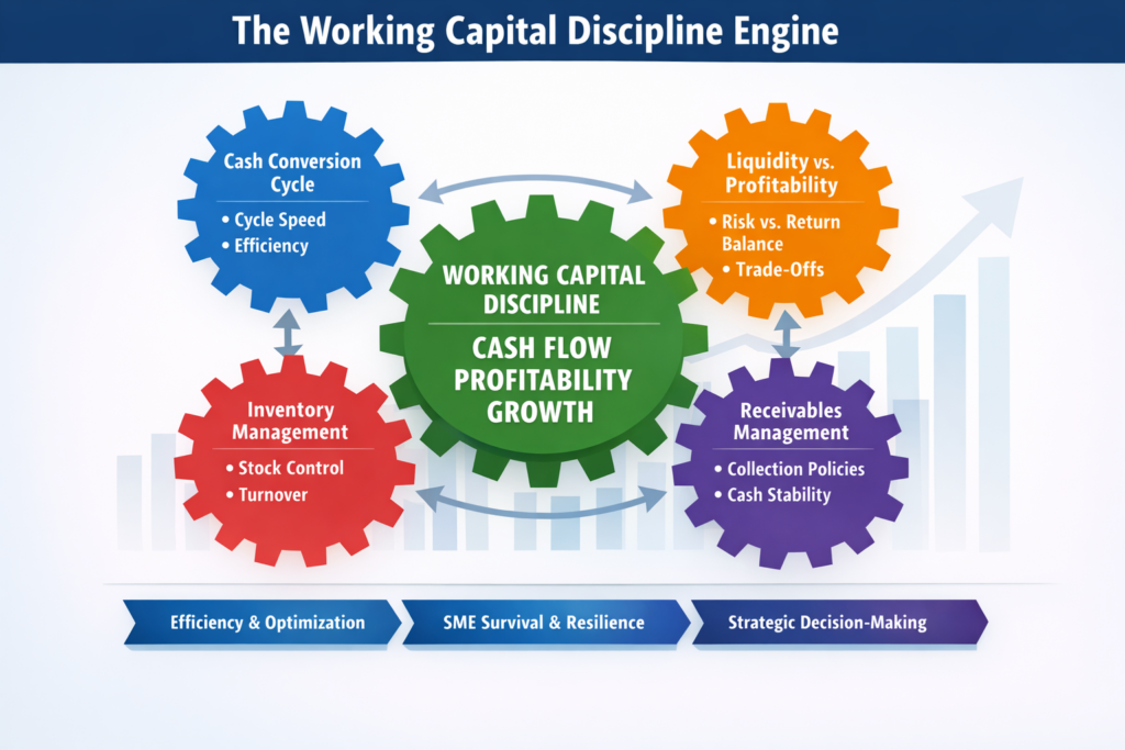 Working Capital Discipline Engine showing how cash conversion cycle, inventory management, receivables management, and liquidity trade-offs influence profitability and SME survival.