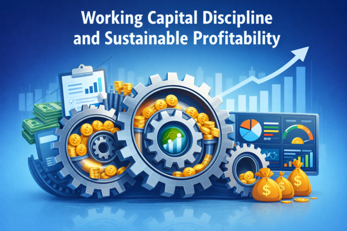 Conceptual illustration of working capital discipline showing cash flow cycles, financial dashboards, and profitability growth.