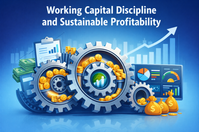 Conceptual illustration of working capital discipline showing cash flow cycles, financial dashboards, and profitability growth.