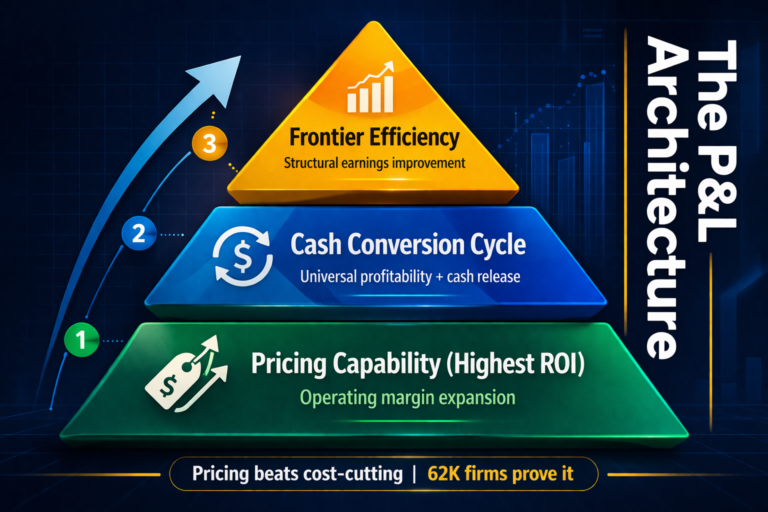 Three-layer P&L architecture framework showing pricing capability, cash conversion cycle, and frontier efficiency for profit and loss improvement