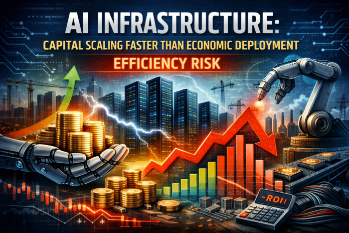 AI infrastructure investment surge showing capital scaling faster than economic deployment with declining ROI, highlighting capital efficiency risk and execution failure in P&L performance