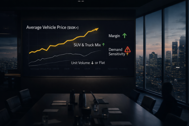 Automotive industry execution signal showing rising vehicle prices driven by SUV and truck mix, with flat unit volume and increasing demand sensitivity risk.