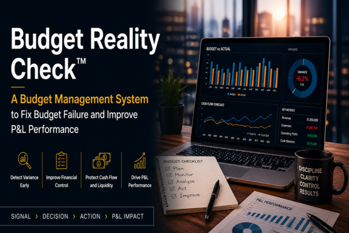 Budget Reality Check dashboard showing budget vs actual variance, cash flow forecast, and P&L performance in a budget management system