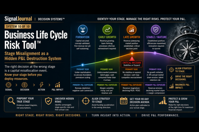 Business lifecycle stages showing formation, early growth, late growth, and mature phases with stage-specific risks and P&L impact from misalignment