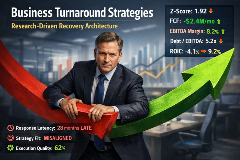 Photorealistic executive turning a red downward arrow into a green upward trajectory, representing business turnaround strategies with financial metrics dashboard including Z-score, cash flow, EBITDA, leverage, and ROIC.