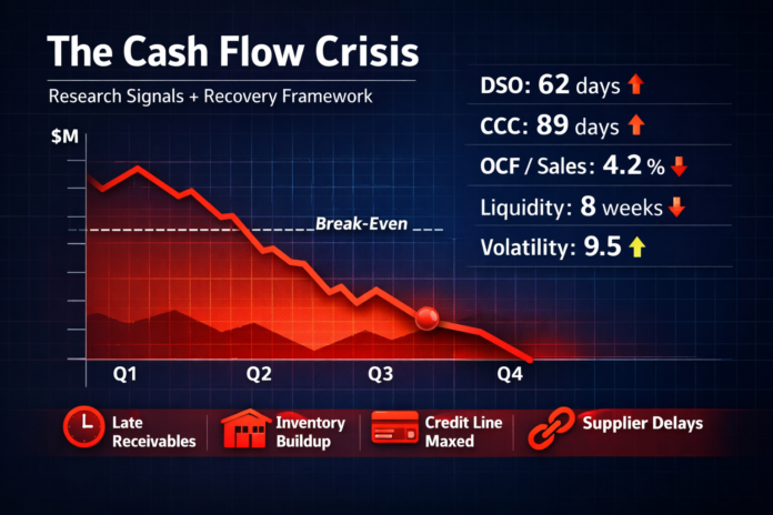 Line graph showing declining cash flow with DSO 62 days, CCC 89 days, and early warning signals for financial distress from peer-reviewed research.