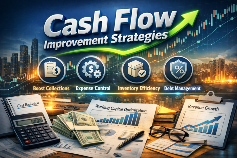 Cash Flow Improvement Strategies visual showing collections, cost control, inventory efficiency, and debt management to improve financial performance.