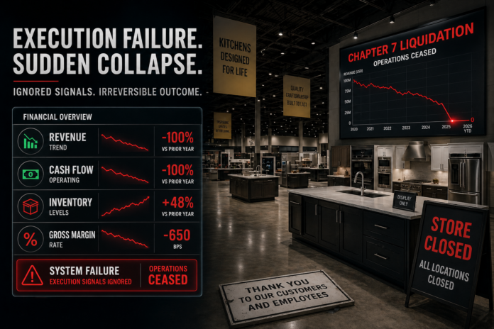 Chapter 7 liquidation retail collapse showing declining revenue, cash flow failure, rising inventory, and execution signals leading to business shutdown
