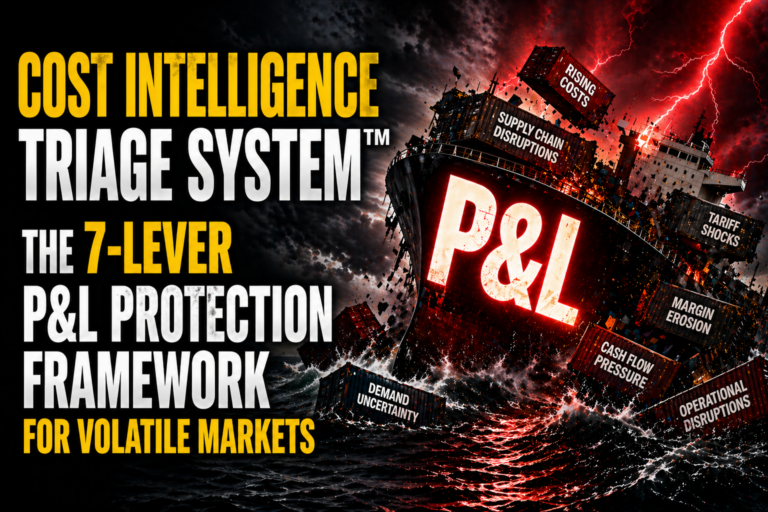 Cost Intelligence Triage System showing volatile market disruption with sinking ship and P&L protection framework for margin survival