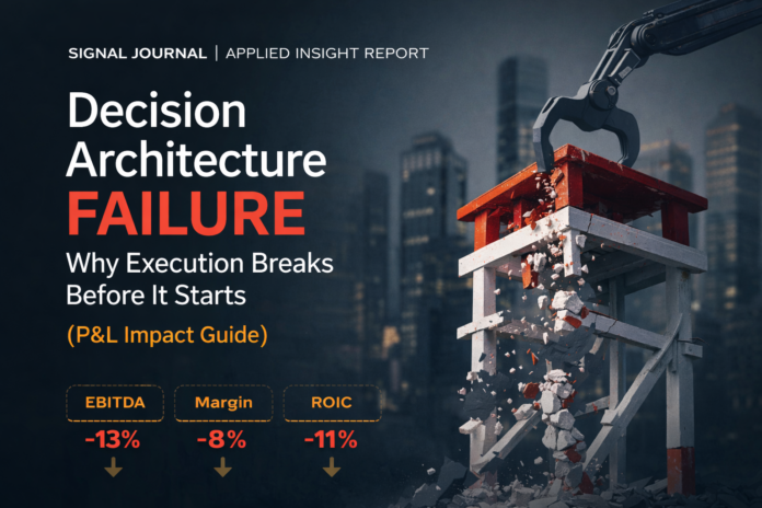 Decision architecture failure causing execution breakdown before it starts, illustrating P&L impact on EBITDA, margins, and ROIC