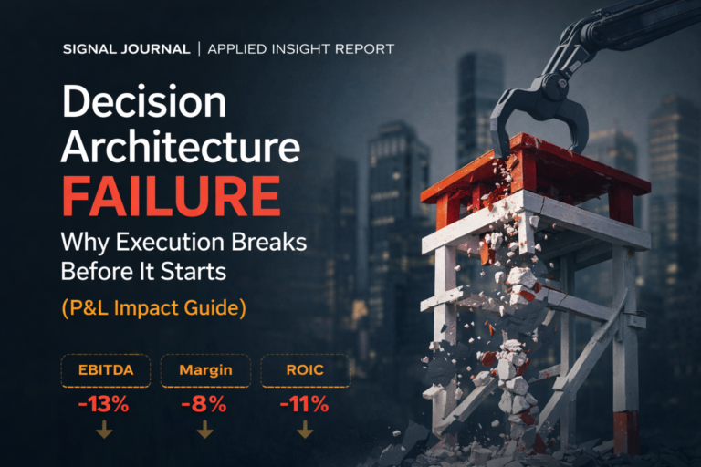 Decision architecture failure causing execution breakdown before it starts, illustrating P&L impact on EBITDA, margins, and ROIC