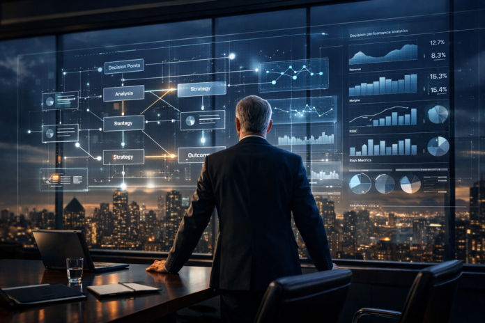 Senior executive analyzing decision architecture performance through digital systems in a modern boardroom, illustrating how upstream decisions drive margins, cash flow, and ROIC