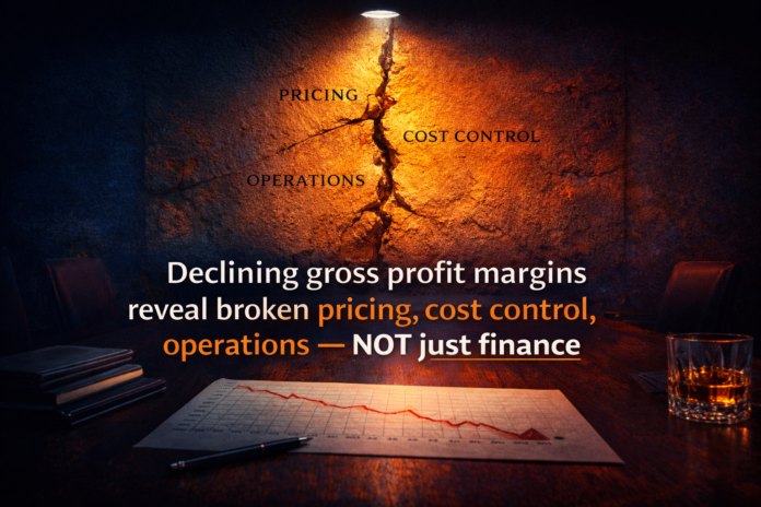 Declining gross profit margins revealing broken pricing, cost control, and operations execution failure — not just a finance problem — illustrated by a cracked structural wall and red descending margin chart in a dark navy editorial image