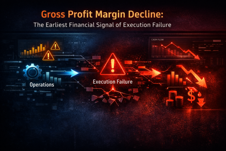Declining gross profit margins illustrated by a falling financial chart and fractured desk surface, representing execution failure and early P&L distress in a Signal Journal Insight Brief