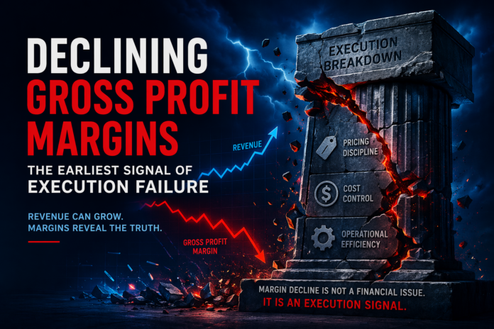 Declining gross profit margins visualized as an execution failure signal, showing margin compression, revenue divergence, and structural breakdown in pricing, cost control, and operations