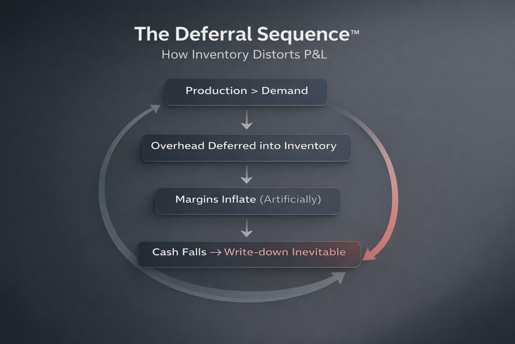 Deferral Sequence diagram showing how inventory growth without sales leads to margin inflation, cash decline, and inevitable write-down in financial execution