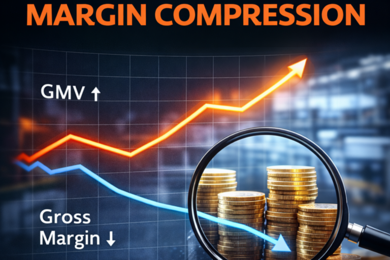 E-commerce margin compression illustration showing rising GMV and declining gross margin, highlighting unit economics pressure and P&L performance impact