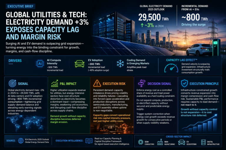 Executive brief infographic showing global electricity demand rising 3% in 2025, driven by AI data centers and EV adoption, highlighting demand–capacity decoupling, grid constraints, margin erosion, and capital intensity pressure across utilities and technology sectors