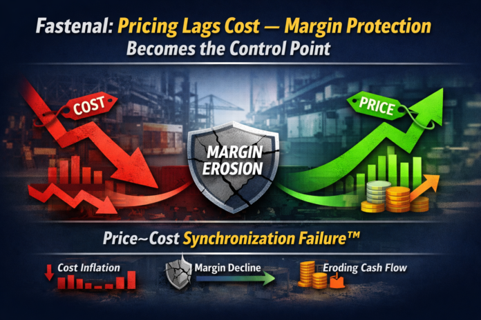 Fastenal margin erosion signal showing pricing lagging cost inflation, with visual depiction of price-cost mismatch, declining margins, and industrial execution risk