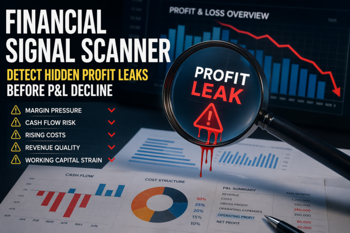 Financial Signal Scanner illustration showing hidden profit leaks, margin pressure, cash flow risk, and early warning signals before P&L decline