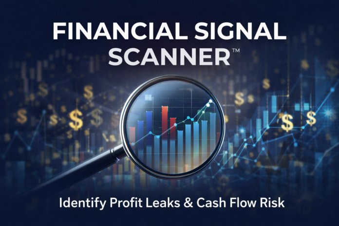 Financial Signal Scanner dashboard visual identifying profit leaks, cash flow risk, and financial performance trends