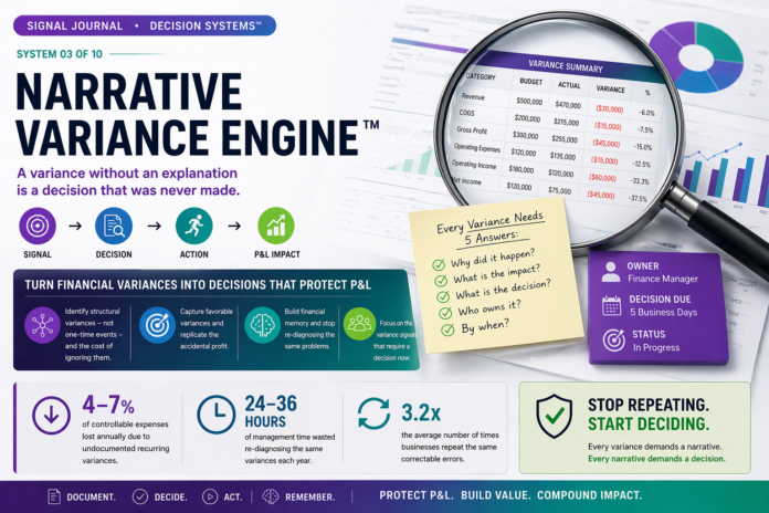 Financial variance analysis dashboard showing budget vs actual variances with decision workflow for improving P&L performance