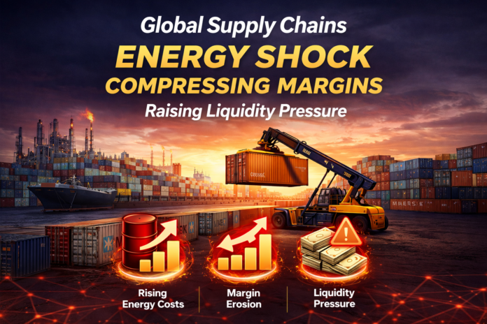 Global supply chains facing energy shock with rising costs, margin compression, and liquidity pressure across logistics and manufacturing sectors