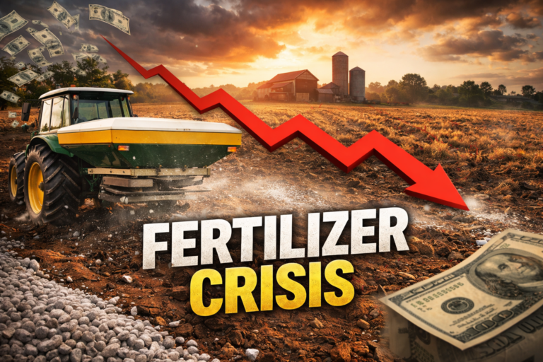 Fertilizer crisis in U.S. agriculture showing input cost shock, rising prices, and impact on farm margins, yields, and working capital
